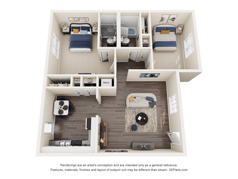 Floor plan for 2 beds, 2 baths, 1048 sqft